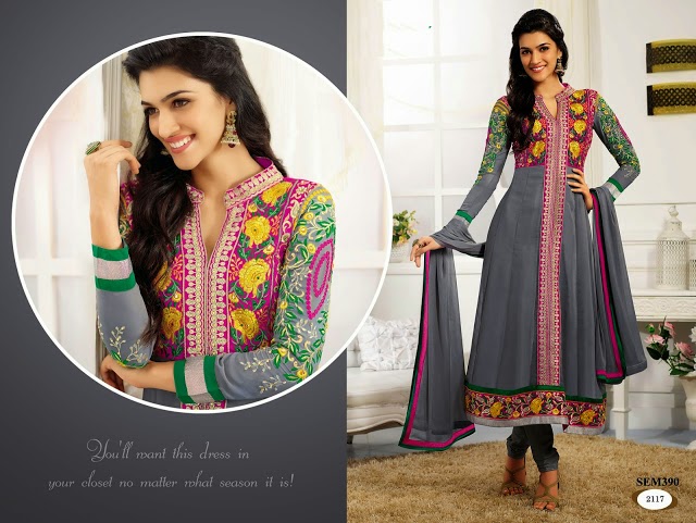 Designer Gray Long Anarkali Suit with Colorful Work
