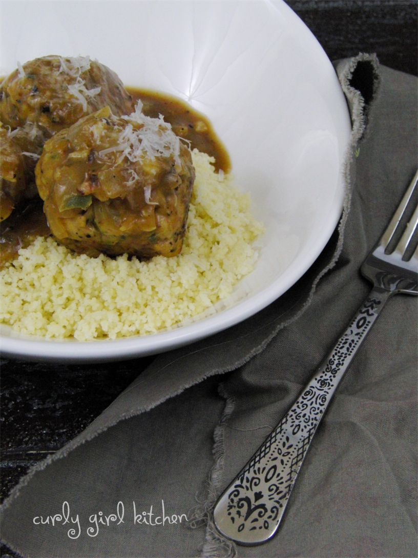 Curly Girl Kitchen Spicy Turkey Meatballs with Brown Gravy and Couscous
