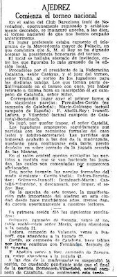 Recorte de La Vanguardia sobre el Torneo Nacional de Ajedrez Barcelona 1926, 25/9/1926