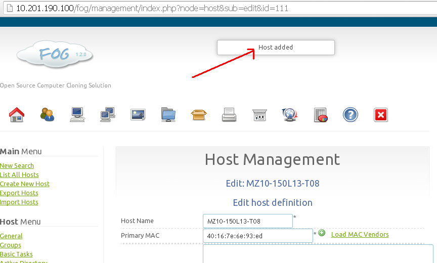 how to add hosts in fog server 1.2.0