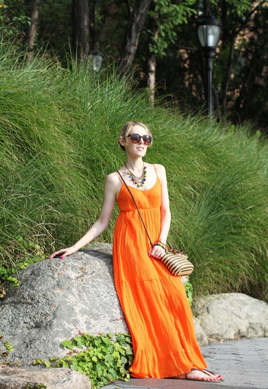 The Wind of Inspiration Outfit of the Day Post - Color Me Orange – Spiegel Orange Maxi Dress Ralph Lauren Alexa Sandals Polo Tan Leather Kelly & Katie Straw Crossbody Bag Kenneth Cole New York Women's Yellow Gold Watch Old Navy Women's Multi-Bauble Stretch Bracelet Old Navy Women's Multi-Bauble Chain Necklace Asos Oversized Retro Sunglasses Sinful Colors Professional 80 Dream On 930 I Miss You