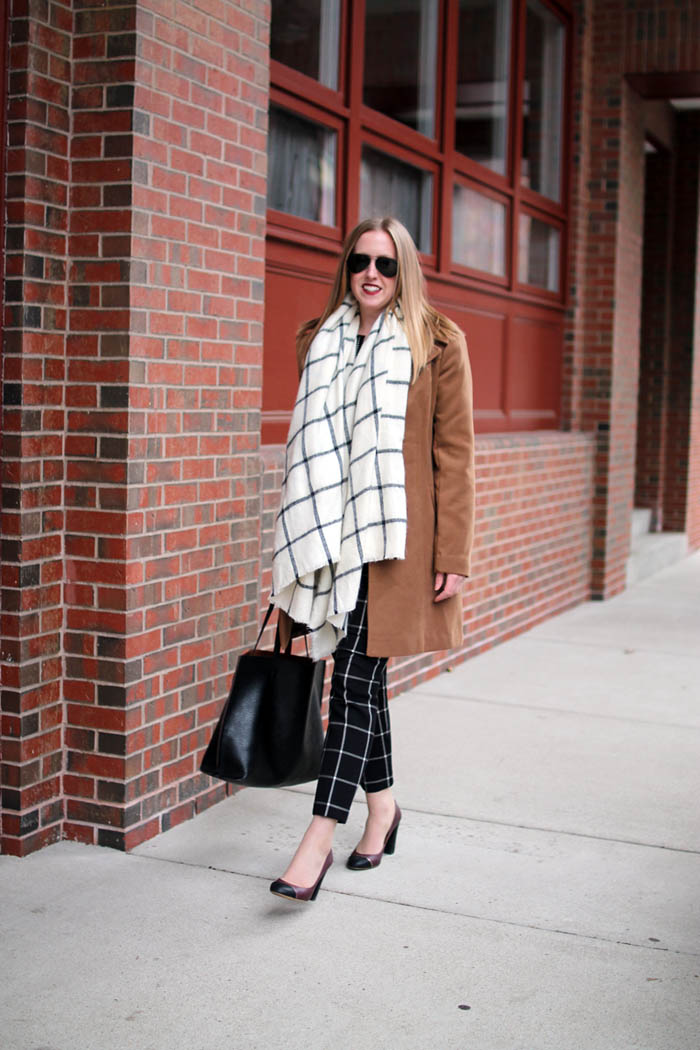 how to style blanket scarf, blanket scarf options, on the blog, old navy, boston blogger, window pane print, navy yard