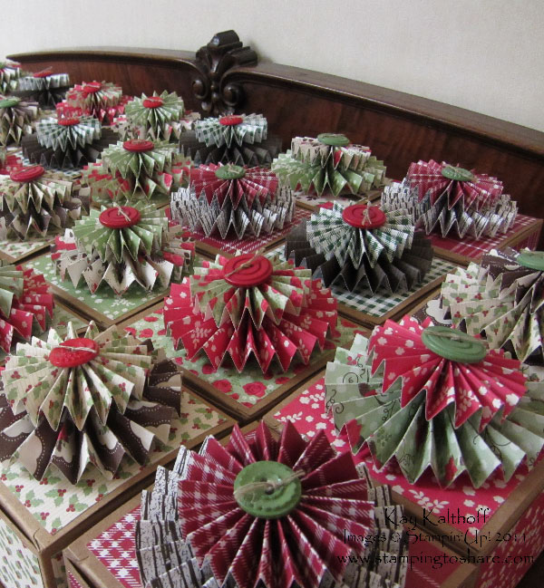 I made 34 double rosette topped Christmas boxes for my Stamping to Share