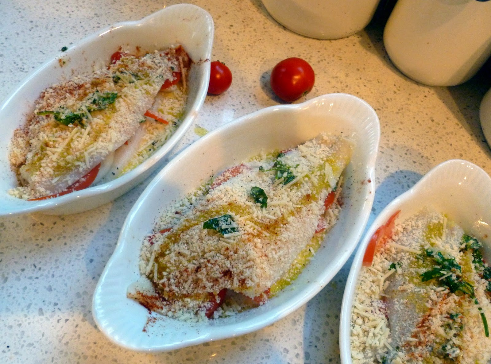 Lindaraxa Flounder Gratin With Tomatoes, Onions And Garlic Pesto