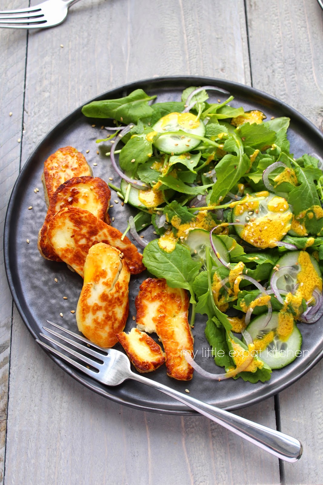 My Little Expat Kitchen Turnip greens and halloumi salad with tahini