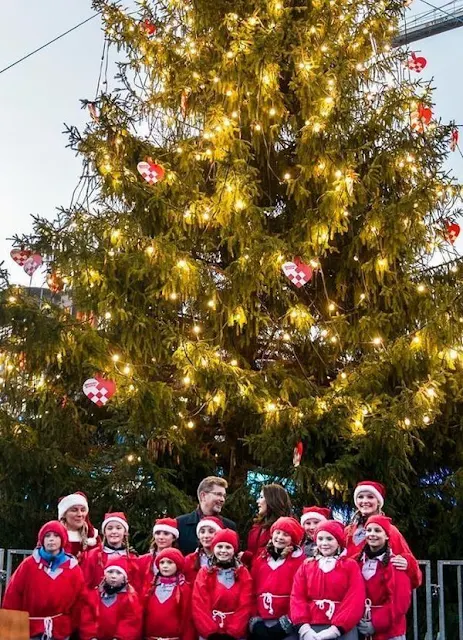 Crown Princess Mary of Denmark leads the lighting of Christmas tree in the 100th year of the tree lighting ceremony at Copenhagen City Hall Square (Rådhuspladsen) in Copenhagen