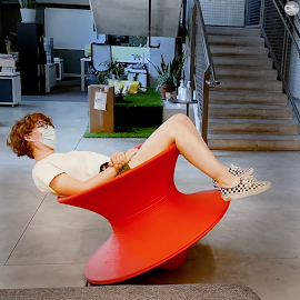 BTS film crew testing Magis Spun Rotating Chair at The Escape Pod.