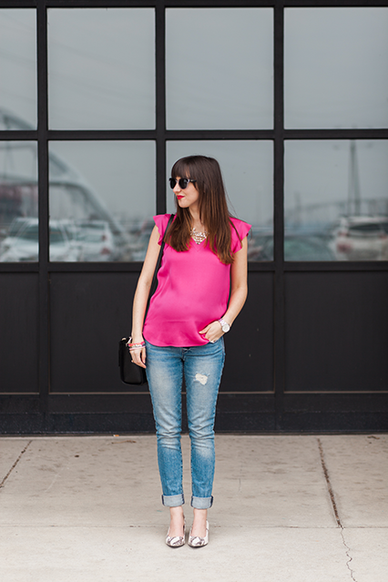 maternity style, bump style, pink flutter top, distressed maternity jeans, kate spade bangles, kate spade watch, spring style 2015, fashion blogger, style blogger, nashville blogger, rocksbox