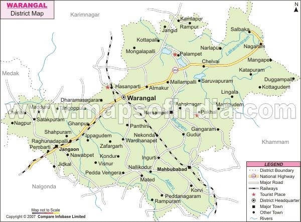 Old Warangal District Map Telangana: Warangal Route Map