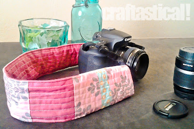 Pink and aqua quilted digital SLR camera strap cover