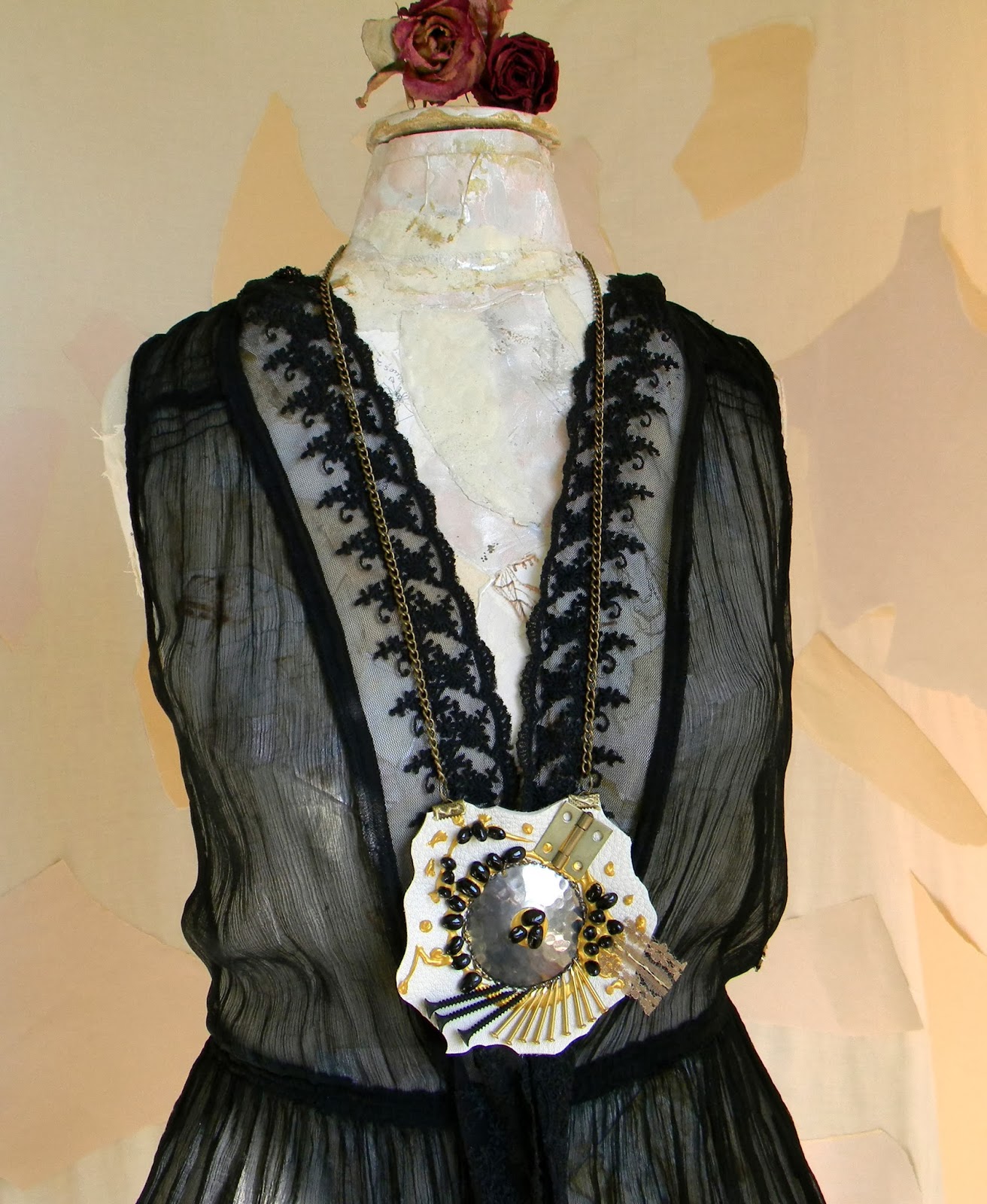 Unique Extra Long Necklace Steampunk Antique Collage Leather Necklace