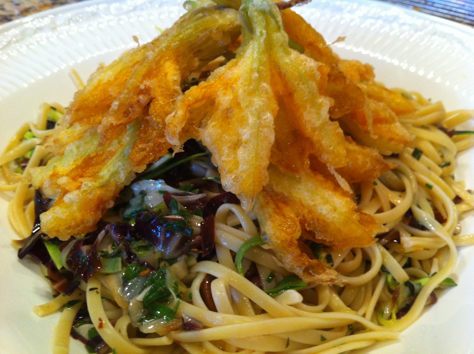 A Reluctant Foodie Summer Pasta with Fried Zucchini Flowers and Radicchio