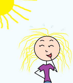 Drawing of a woman giggling, bright sun overhead.