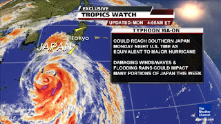 >Powerful Typhoon Ma-on barrels towards Southern Japan, Tropical Storm Bret born, threatens Bahamas, Record heat combined with record dew points creates danger across US Midwest