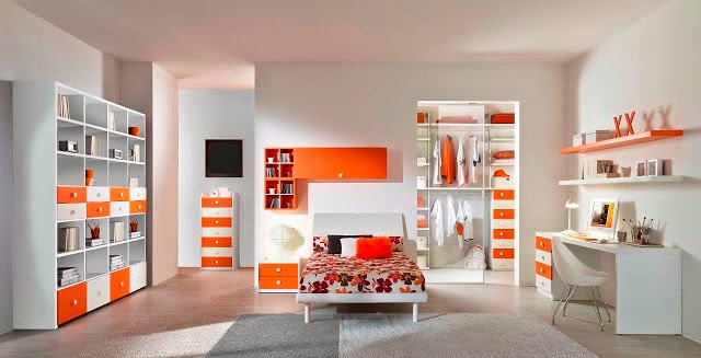 Dormitorios juveniles en naranja y gris - Ideas para decorar dormitorios