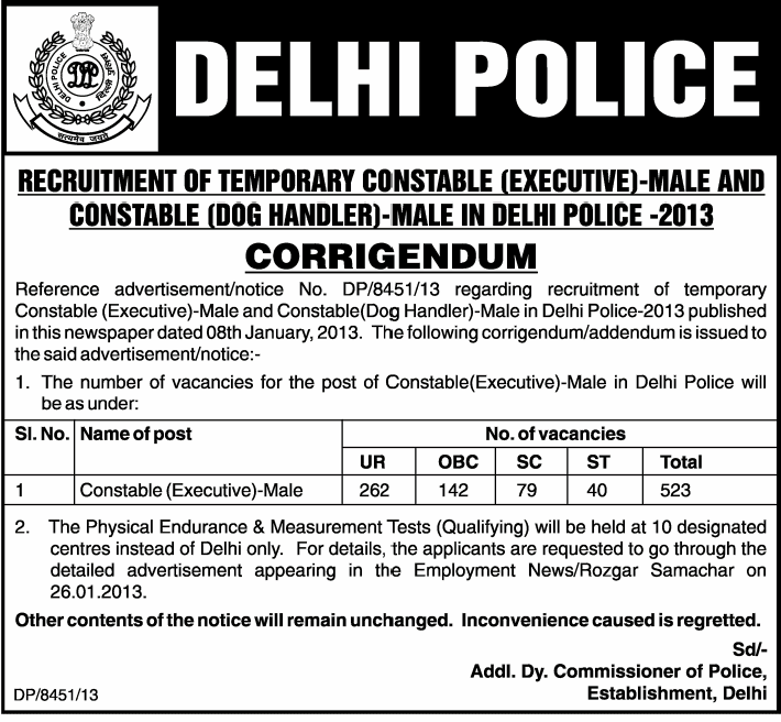Delhi Police Recruitment 2013 Corrigendum on www.freenokrinews.com