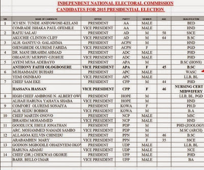 INEC Spread Sheet Showing Qualifications Of 2015 Presidential Candidates