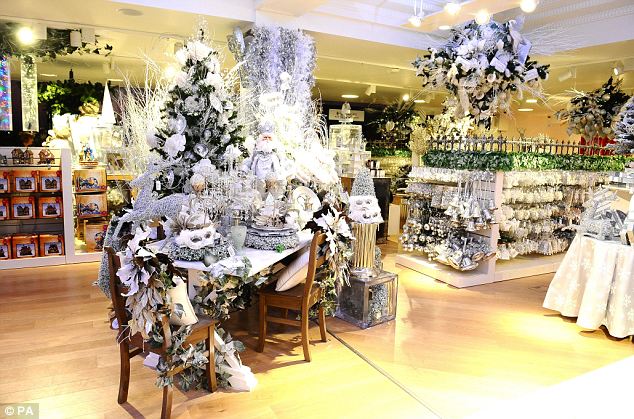 Winter wonderland: Snowy Christmas trees and ornate decorations formed ...