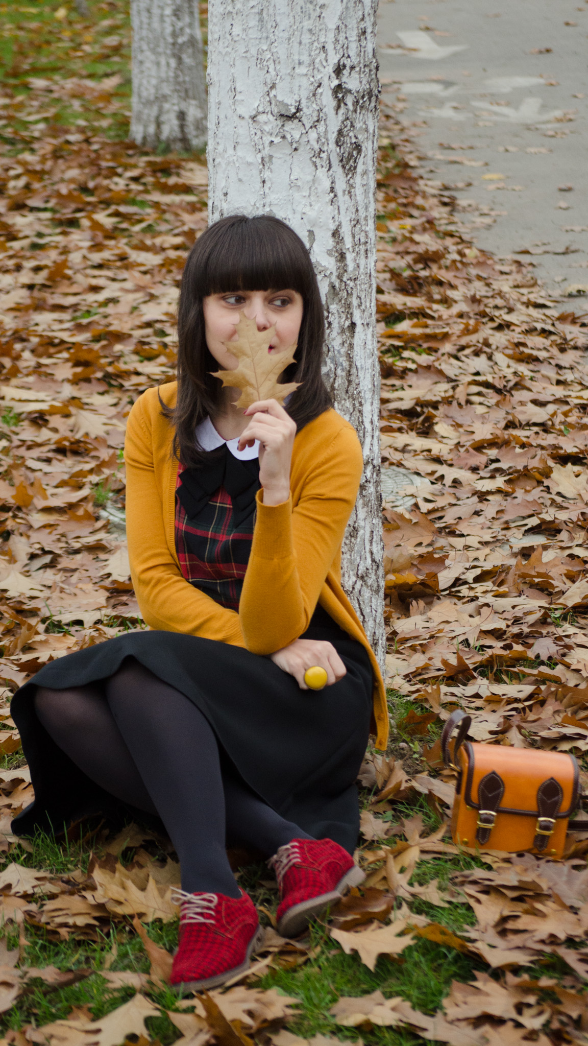 houndstooth oxfrod shoes mustard sweater tartan shirt peter pan collar black a-line skirt fall leaves school outfit bow