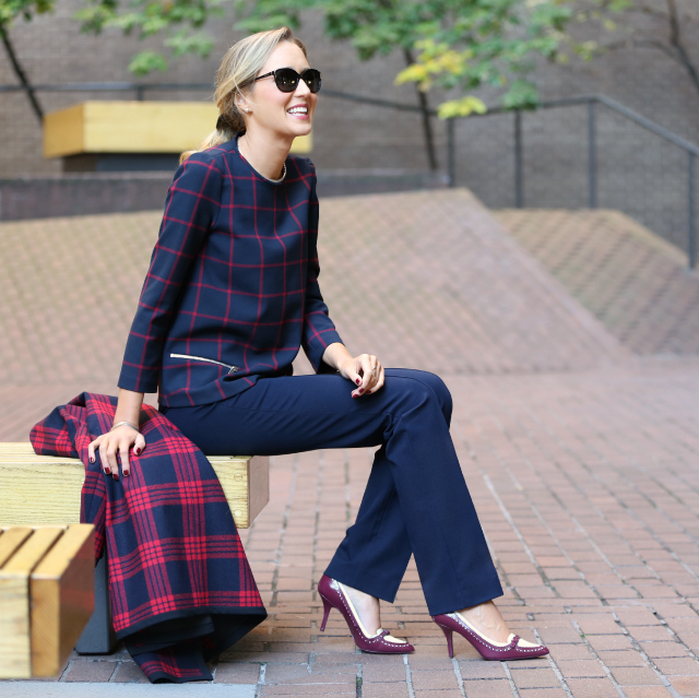 zara plaid coat cape red and navy tartan zara plaid zipper top cropped navy ponte straight leg pants tory burch darlene pumps spectator burgundy heels prada sunglasses essie polish berry naughty silver choker silver jewerly street style fall fashion trends 2013 new york city nyc the classy cubicle fashion blog for young professional women females woman girls 20s 30s 40s appropriate work wear office attire outfits professional corporate suit dos and donts crimes top ten day to night transition interview preppy office style dress for success step up lean in suit up