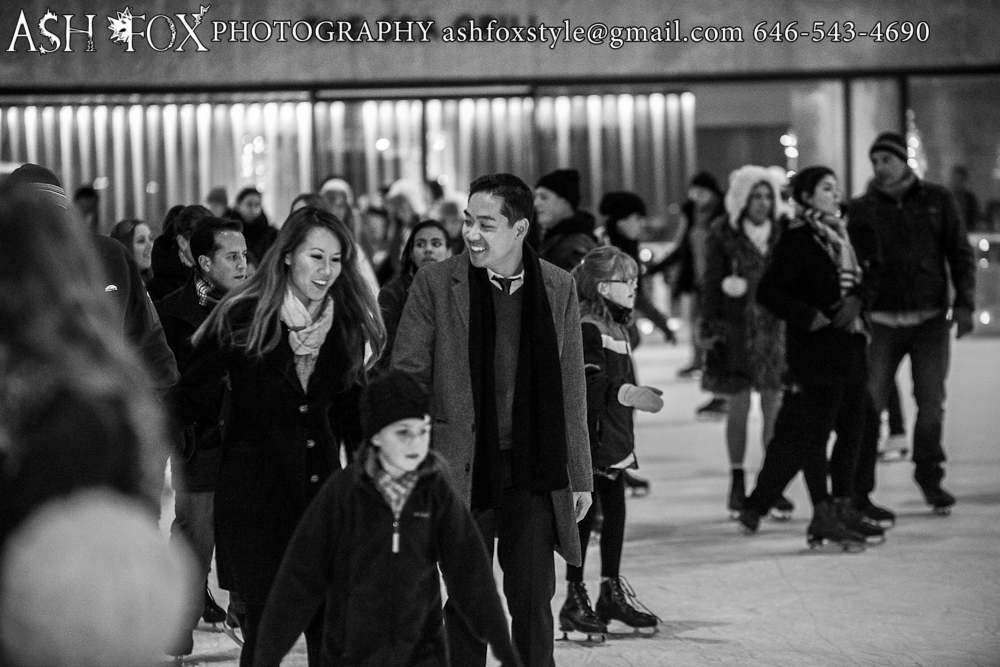 Rockefeller Center Couple skating together before a marriage Proposal Black and White