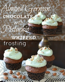 Almond German Chocolate Cupcakes with pistachio whip frosting by Over The Apple Tree