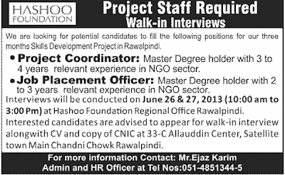 Project Staff Required in Hashoo Foundation Jang News 25 July 2013 