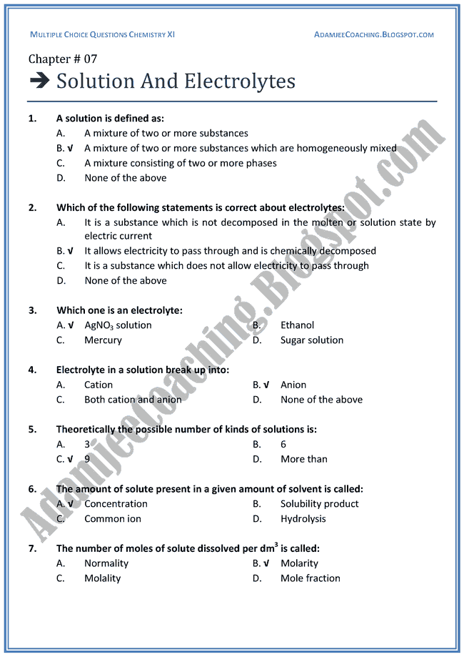 Adamjee Coaching XI Chemistry MCQs Solution And Electrolytes