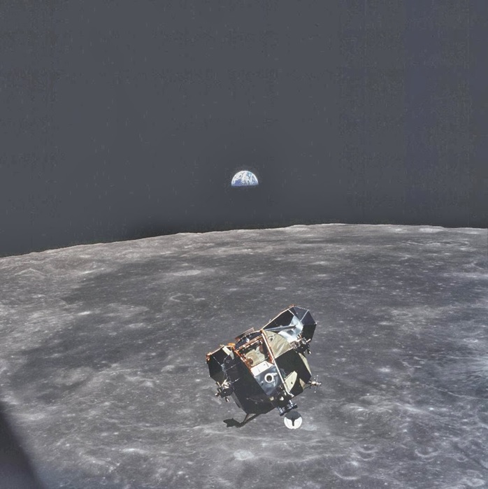 This photo was taken by astronaut Michael Collins, when he took this photo he was the only human, alive or dead, that wasnt in the frame of this picture. He travelled with Buzz Aldrin and Neil Armstrong and orbited the moon whilst they were landing to study the surface of the moon from farther out.