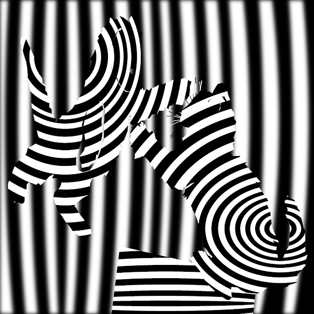 op art of cat fight in black and white