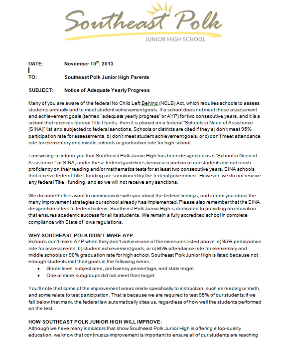 SEP Junior High Notice of Adequate Yearly Progress Southeast Polk