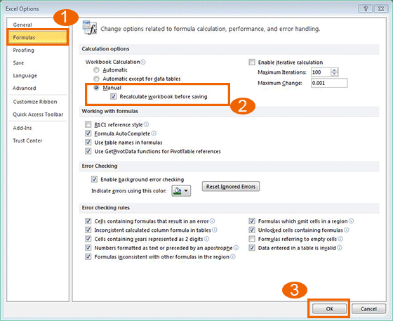 change calculation option to manual