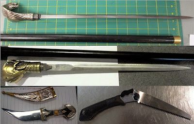 Top to Bottom - Left to Right: Cane Sword (CAK), Cane Sword (DTW), Dagger (BUR), Folding Saw (EWR)