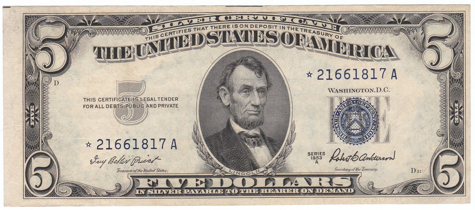 1953 Five Dollar Bill Blue Seal Note Randomly Hand Picked Vg/Fine FREE SHIPPING 