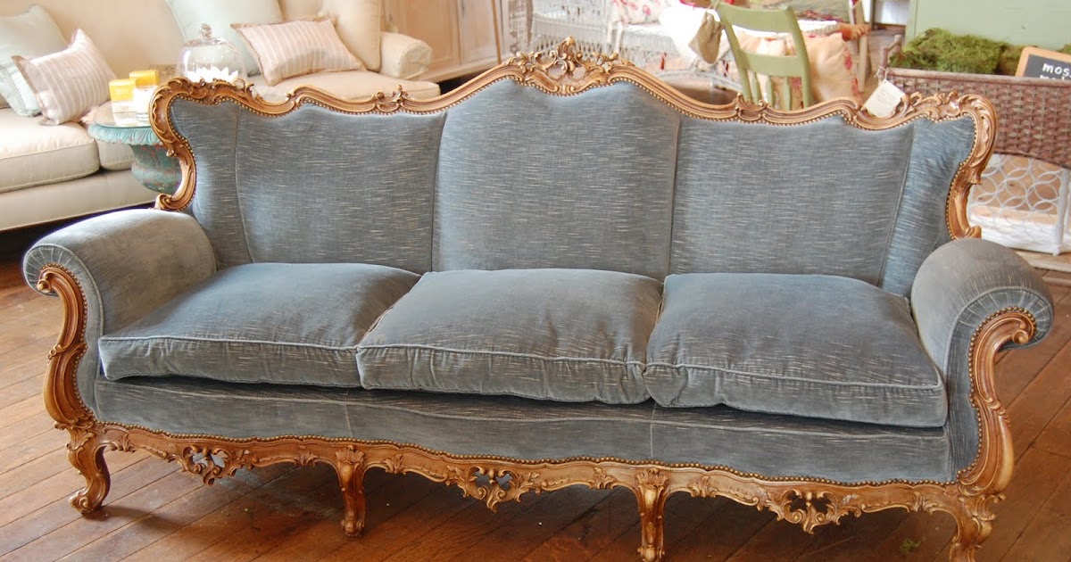 urban farmhouse Beautiful faded blue velvet French style sofa!!