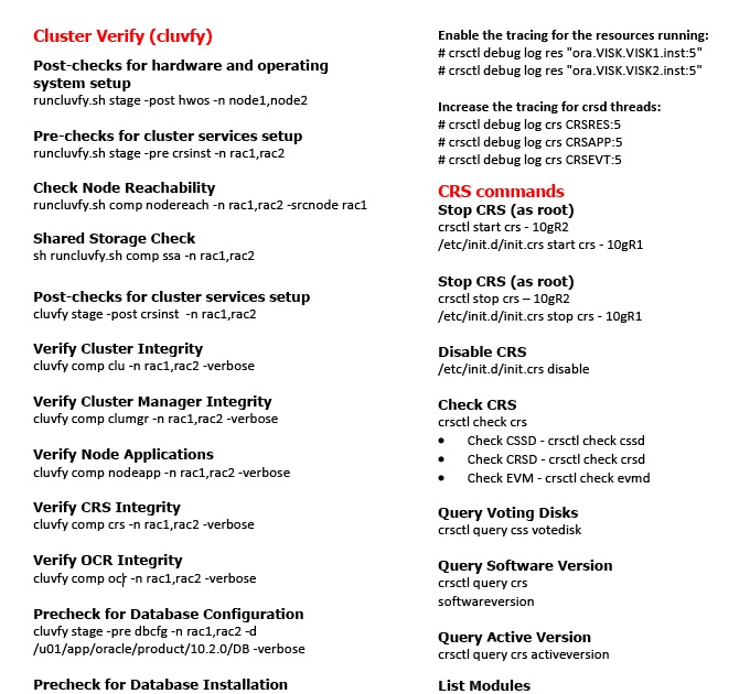 oracle dba scripts rac dba cheatsheet oracle dba cheat sheet