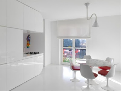 white and red futuristic apartment interior design dining room