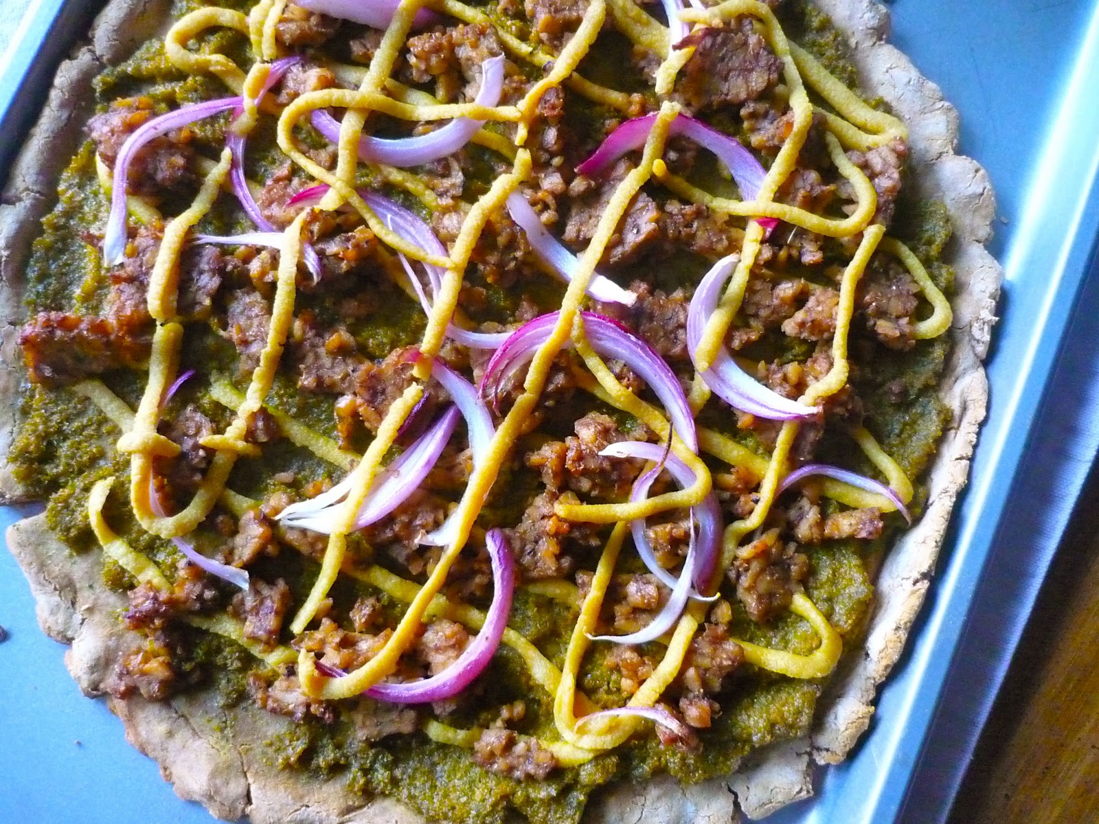 SketchFree Eating Smoked Tempeh Pizza w/ Carrot Pesto (Vegan, GF)