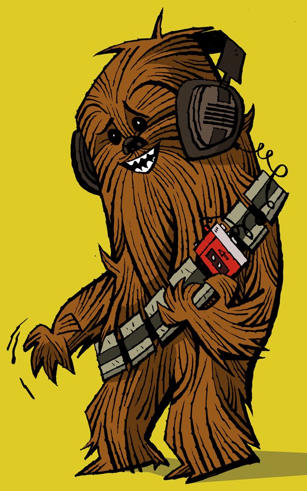 Chewbacca, playing air guitar.