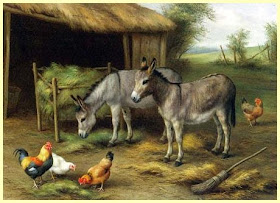 Donkey Ponies and Chickens in Farm Yard by Edgar Hunt