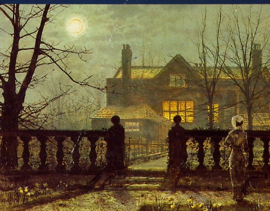 Painting by Atkinson Grimshaw,Landscape oil painting,figurative painting,moon in painting