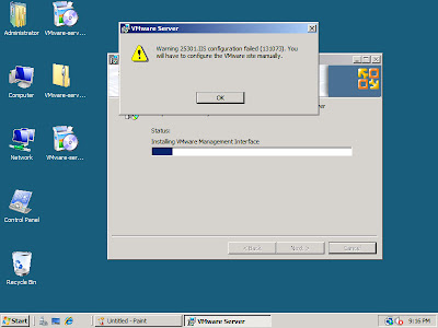Windows Server 2008 Standard and VMWare Server 1.0.7 Incompatible:Great, now another warning from VMWare server. Warning 25301.IIS configuration failed (131073). You will have to configure the VMWare site manually. So much for the Web MUI. Windows Server 2008 Standard and VMWare Server 1.0.7 Incompatible:Great, now another warning from VMWare server. Warning 25301.IIS configuration failed (131073). You will have to configure the VMWare site manually. So much for the Web MUI.