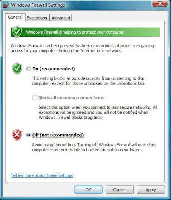 Turning Windows Firewall Off Vista