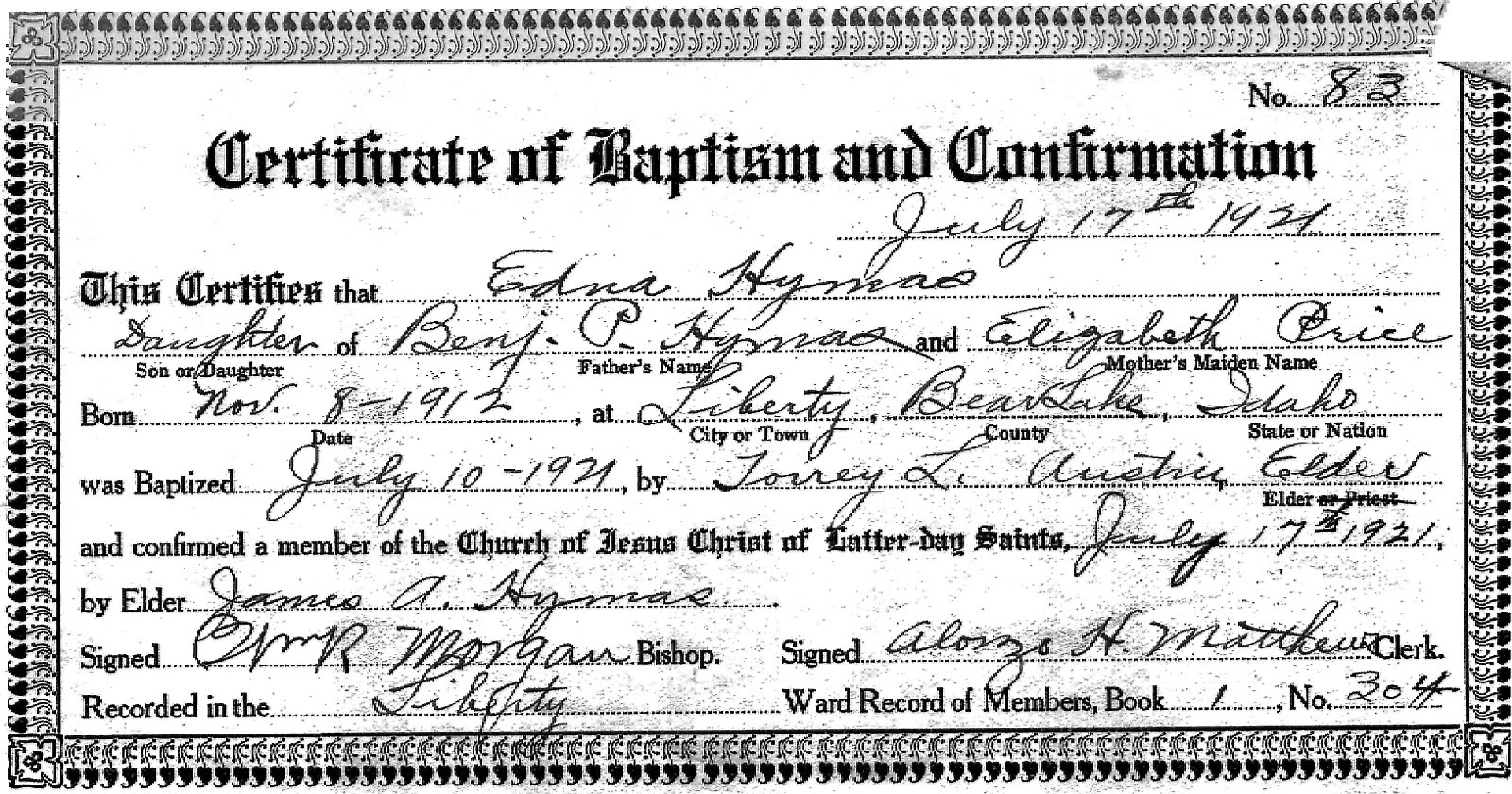 The Darrell and Edna Eborn Clan Edna's Baptism and Confirmation Certificate