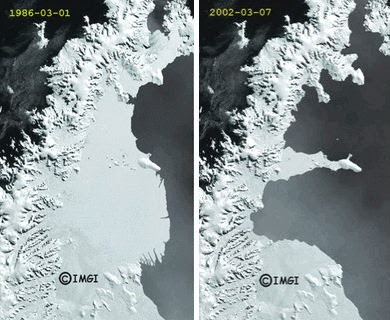 Antártida, barrera de Larsen 1986 y 2002