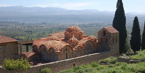 Church at Mystras and Sparta at the distance