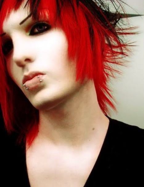 Long Black Hair Boy. Bright blood red hair