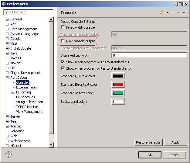 JVMinside Eclipse may freeze if console output is not limited