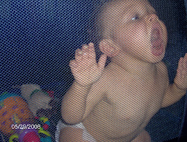 Crazy baby doing God-knows-what to the mesh of his playpen