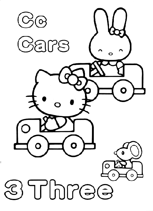 coloring pages of cars. Hello Kitty 3 Cars Coloring